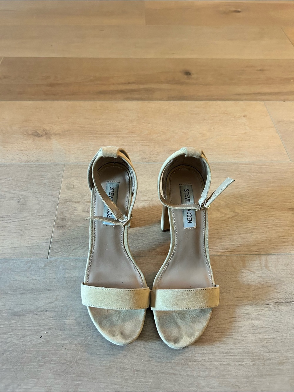 Steve Madden Light Cream Suede Ankle-Strap Block Heels